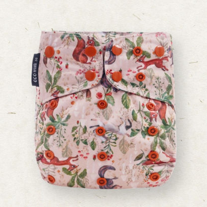 Eco Mini floral-patterned diaper cover with squirrels on a white background