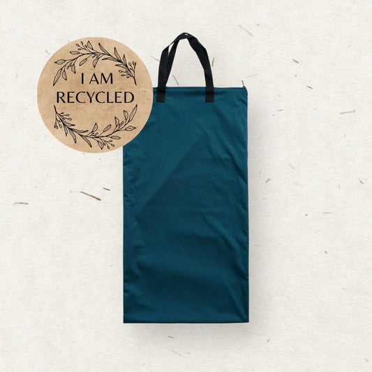 A dark teal Eco mini Large cloth diaper wet bag/ PUL påse with black handles, shown on a textured off-white background with a circular 'I AM RECYCLED' graphic overlay in the top left.