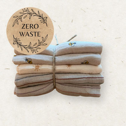 Stack of Eco Mini cloth wipes with a 'Zero Waste' sticker on a light background
