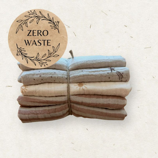 Stack of Eco Mini cloth wipes with a 'Zero Waste' sticker on a light background