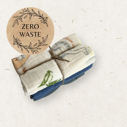 Set of reusable food wraps with a 'Zero Waste' label on a white background