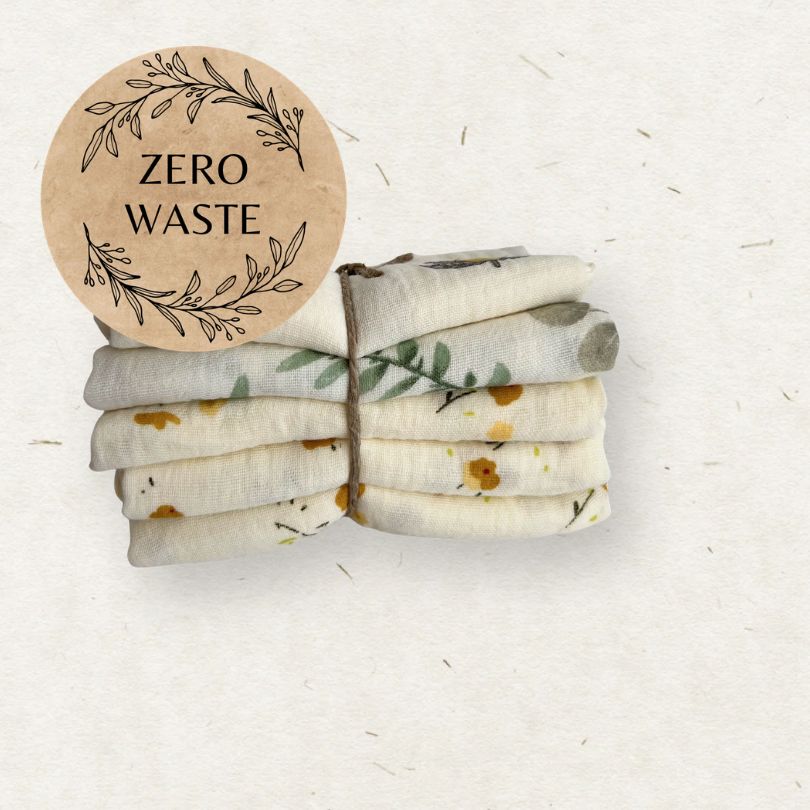 Stack of Eco Mini cloth wipes with a 'Zero Waste' sticker on a light background
