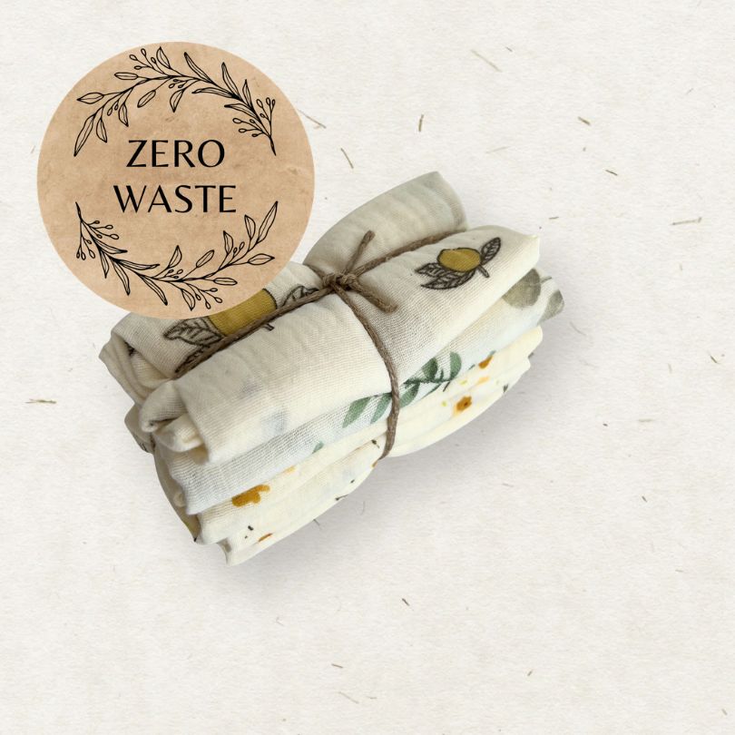 Stack of Eco Mini cloth wipes with a 'Zero Waste' sticker on a light background