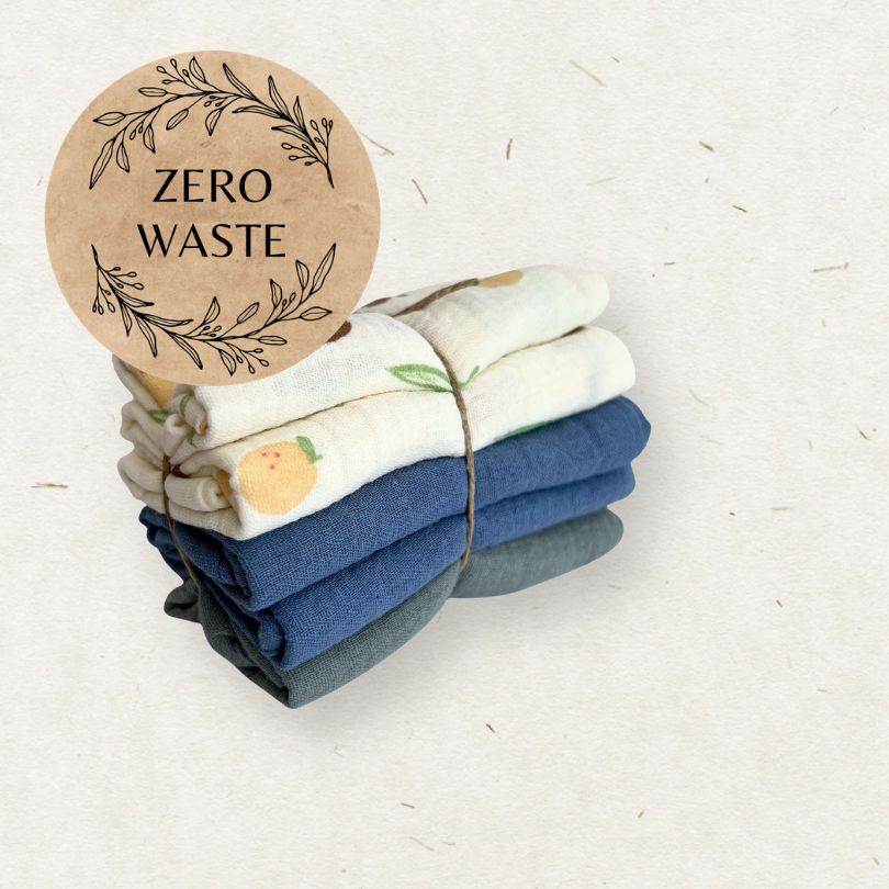 Stack of Eco Mini cloth wipes with a 'Zero Waste' sticker on a light background